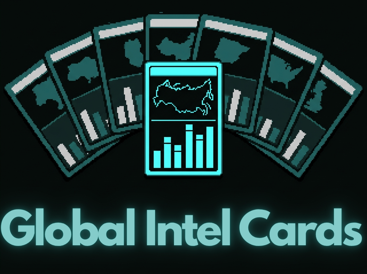 Key art for Global Intel Cards: a fan of pixel-art intelligence cards on near-black, each carrying a country outline above a bar chart, with one card pulled forward and outlined in bright cyan. The title is set beneath in cyan.