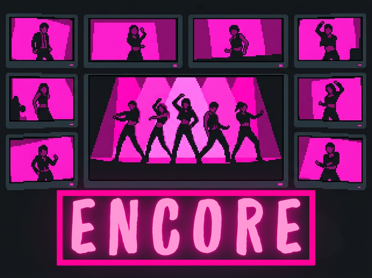 Key art for Encore: a wall of pixel-art camera feeds in magenta on near-black, eight small feeds around one large one showing five performers dancing under stage lights. The title sits below the wall in a magenta neon sign.