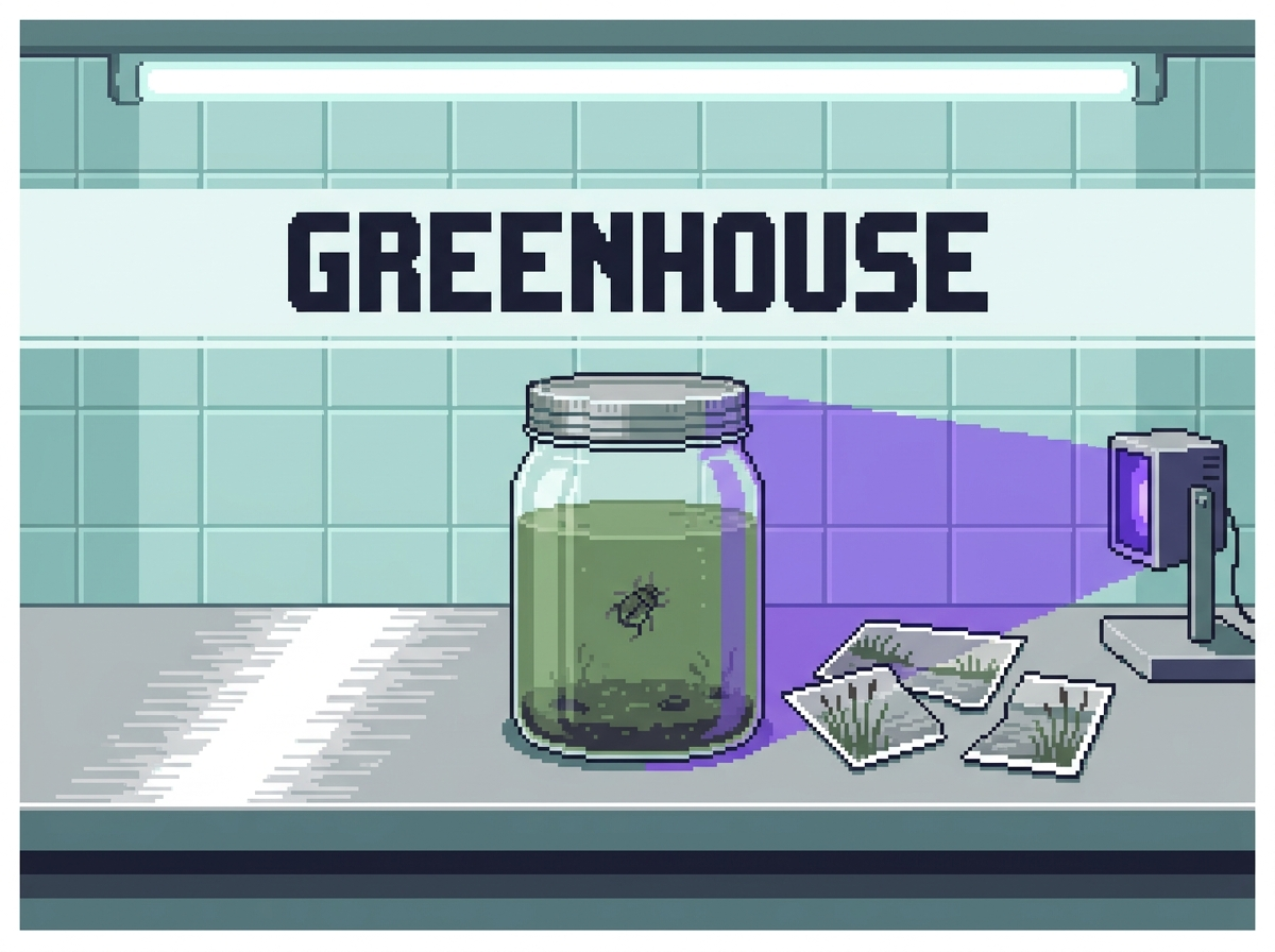 Key art for Greenhouse: a glass jar of murky green pond water with dark sediment standing on a steel laboratory bench under a fluorescent tube, lit from the side by the violet glow of a small UV lamp, torn pieces of a photograph lying beside it, pale teal tiles behind, and the word GREENHOUSE in dark blocky capitals across the middle.