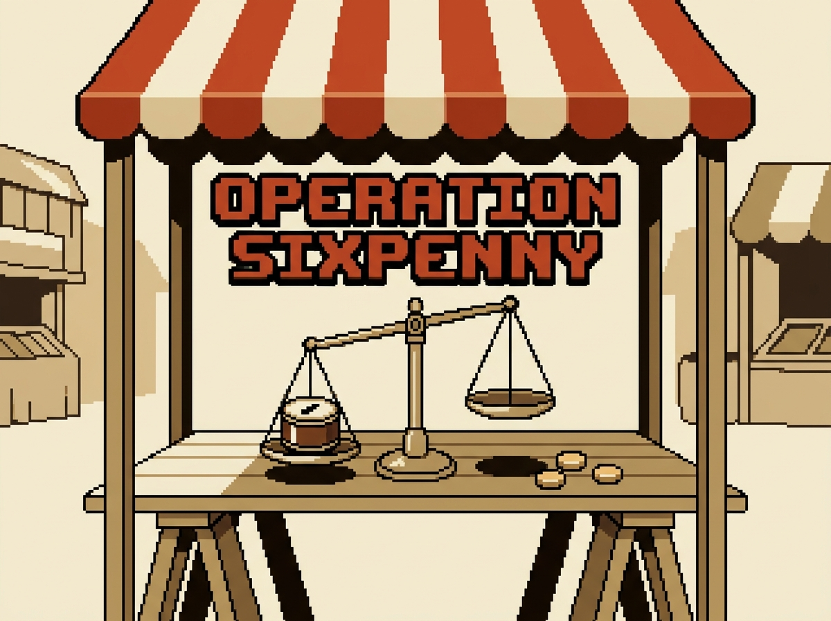 Key art for Sixpenny: a small round tin sitting low in one pan of a set of brass balance scales on a timber trestle under a red-and-cream striped awning, a few plain gold coins beside it, market stalls faint behind, and the words OPERATION SIXPENNY in red-orange blocky capitals across the middle.