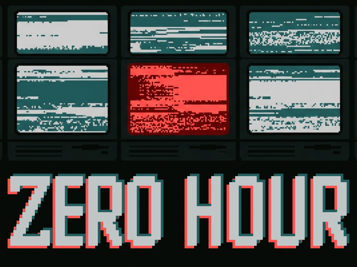 Key art for Zero Hour: a bank of six pixel-art monitors on near-black, five of them scrambled in teal and white and the middle one blown out in red. The title is set beneath in heavy pixel capitals with a red offset.