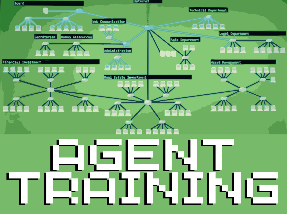 Key art for the solo mode: a large branching organisation chart of small terminals wired together, drawn in pale green on green, with the title AGENT TRAINING in blocky pixel capitals across the foot.